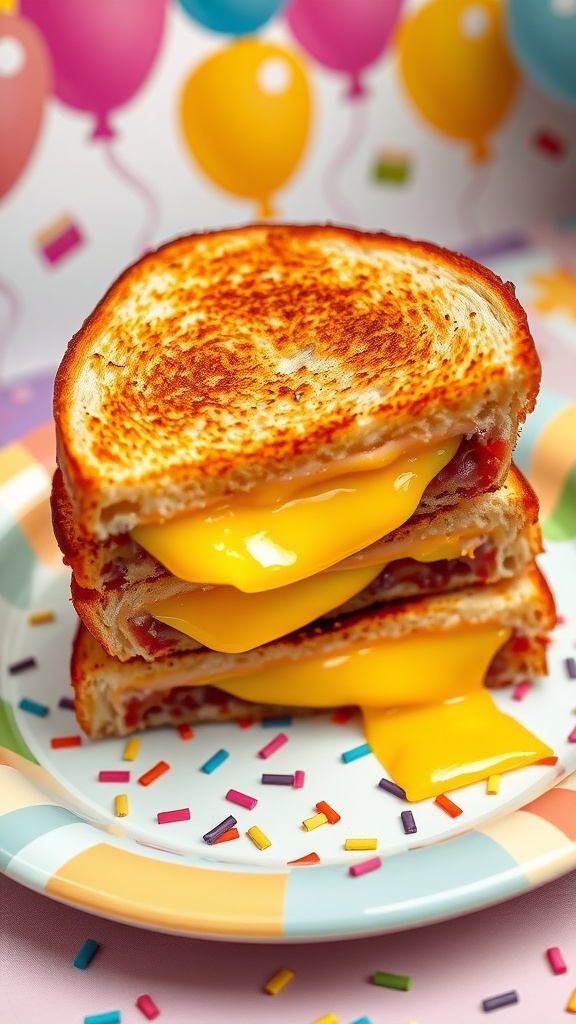 A golden grilled cheese sandwich on a colorful plate, surrounded by playful decorations.